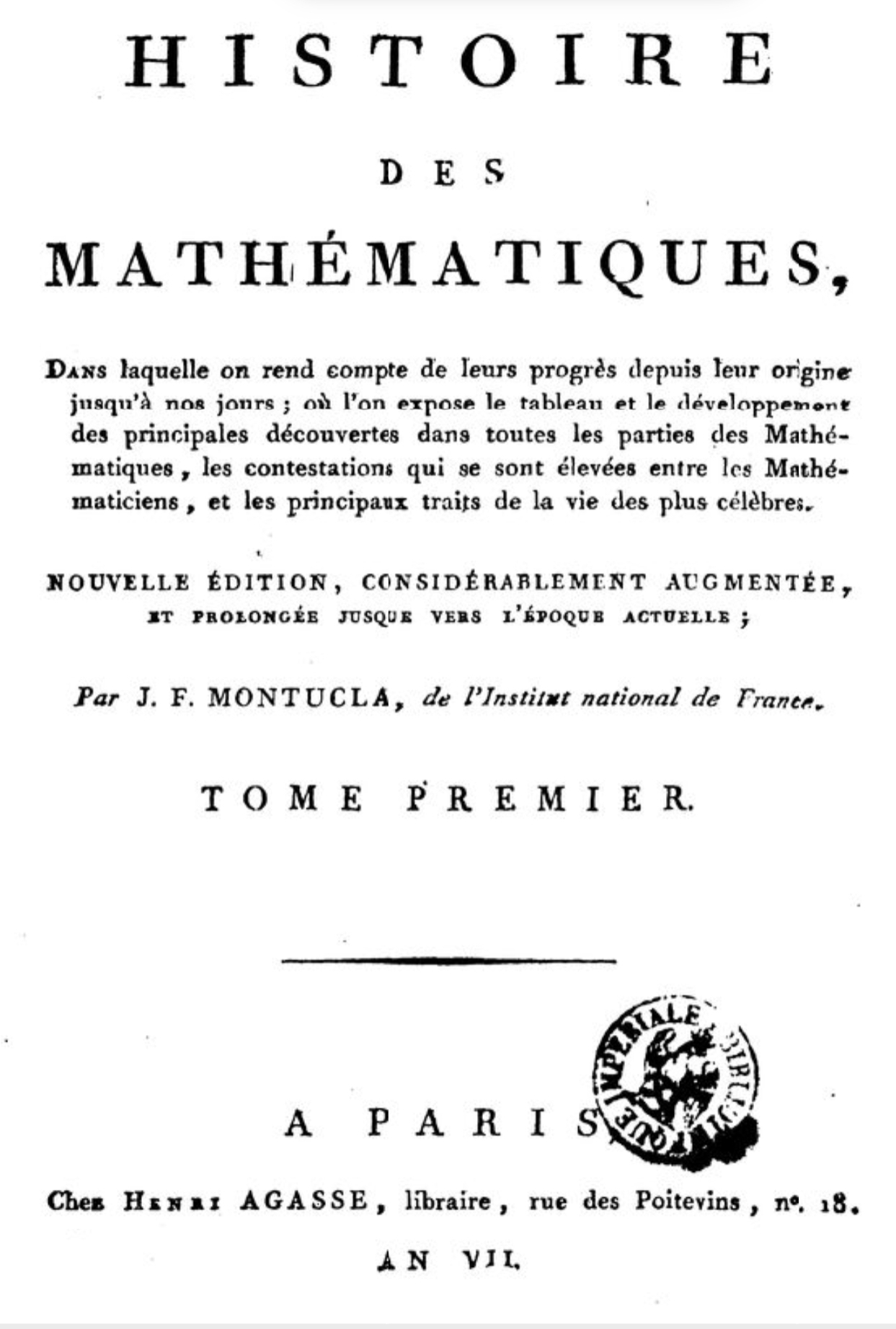 Jean - Etienne Montucla, Histoire des mathématiques